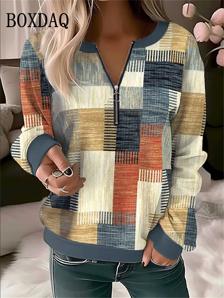 

Autumn Long Sleeve Geometry Graphic Print T-Shirt Women Clothing V Neck Zipper Loose T Shirt Women Casual Oversized Shirt Tops