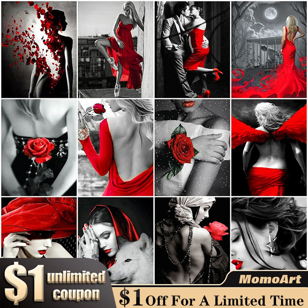 

MomoArt 5D Full Square Diamond Painting Black Red Woman Diamond Embroidery Portrait New Arrivals Mosaic Rhinestone Home Decor
