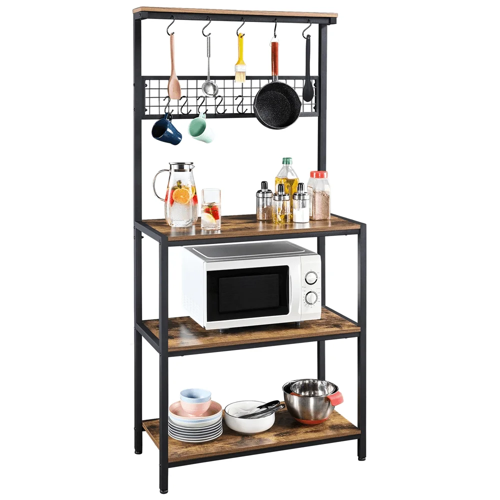 

67" Wooden Kitchen Bakers Rack with Storage Shelves & 10 Hooks, Rustic Brown