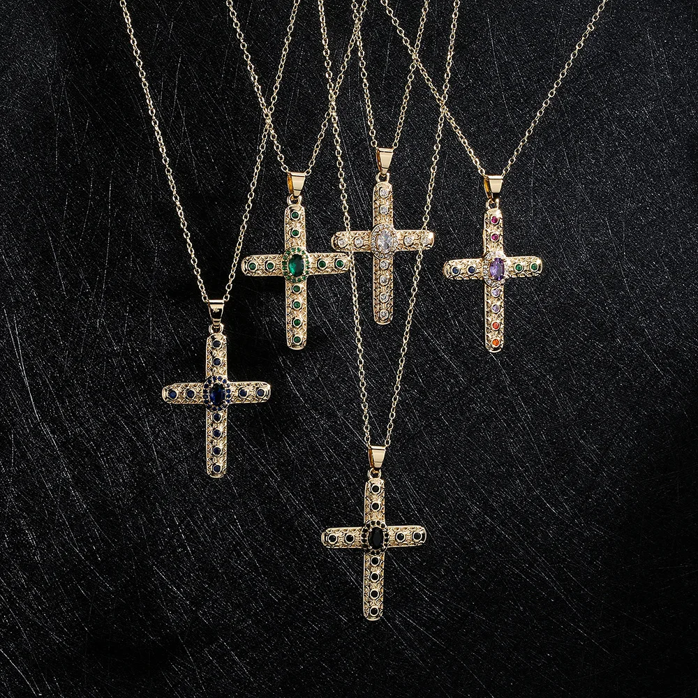 

2022 Trend New Clear Crystal Stone Cross Necklace Chic Copper Zircon Pendant Choker For Women Religion Jewelry Gifts