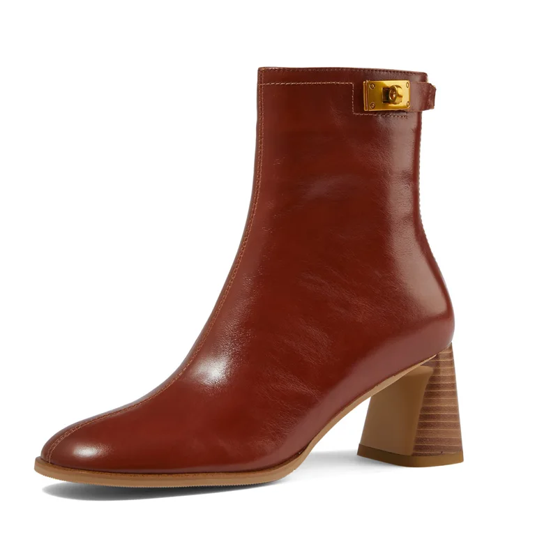 

Women Genuine Leather Ankle Boots SmallHut New Autumn Winter Black Brown High Heels Elegant Ladies Metal Buckle Round Toe Shoes