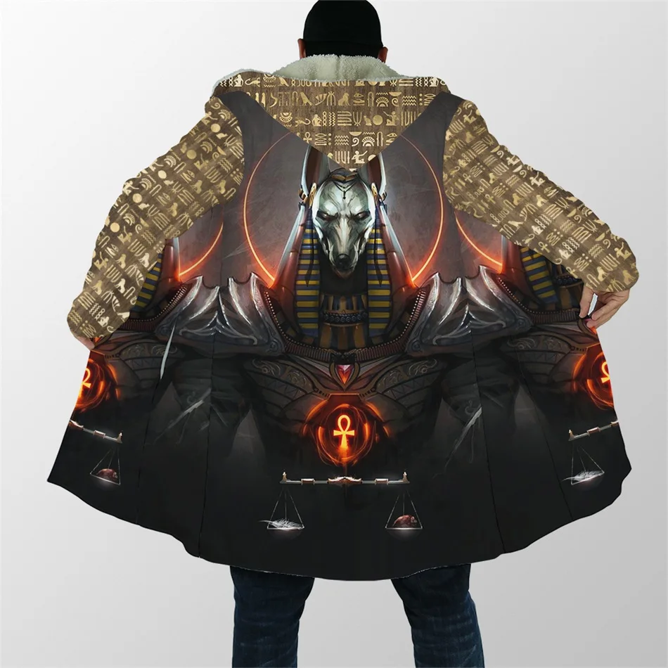 

Winter Mens Cloak Ancient Egypt Pharaoh Anubis Face 3D Printing Fleece Hooded Coat Unisex Casual Thick Warm Cape Coat HC27