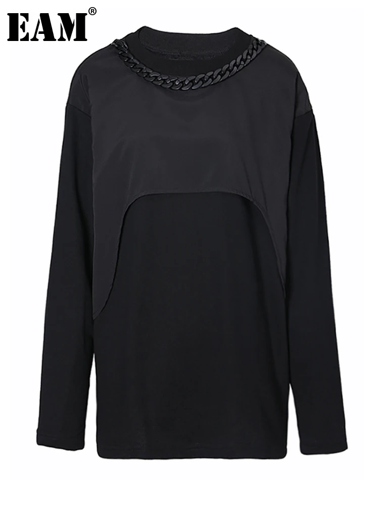 

[EAM] Loose Fit Black Irregular Sweatshirt New Round Neck Long Sleeve Women Big Size Fashion Tide Spring Autumn 2023 1DF3516