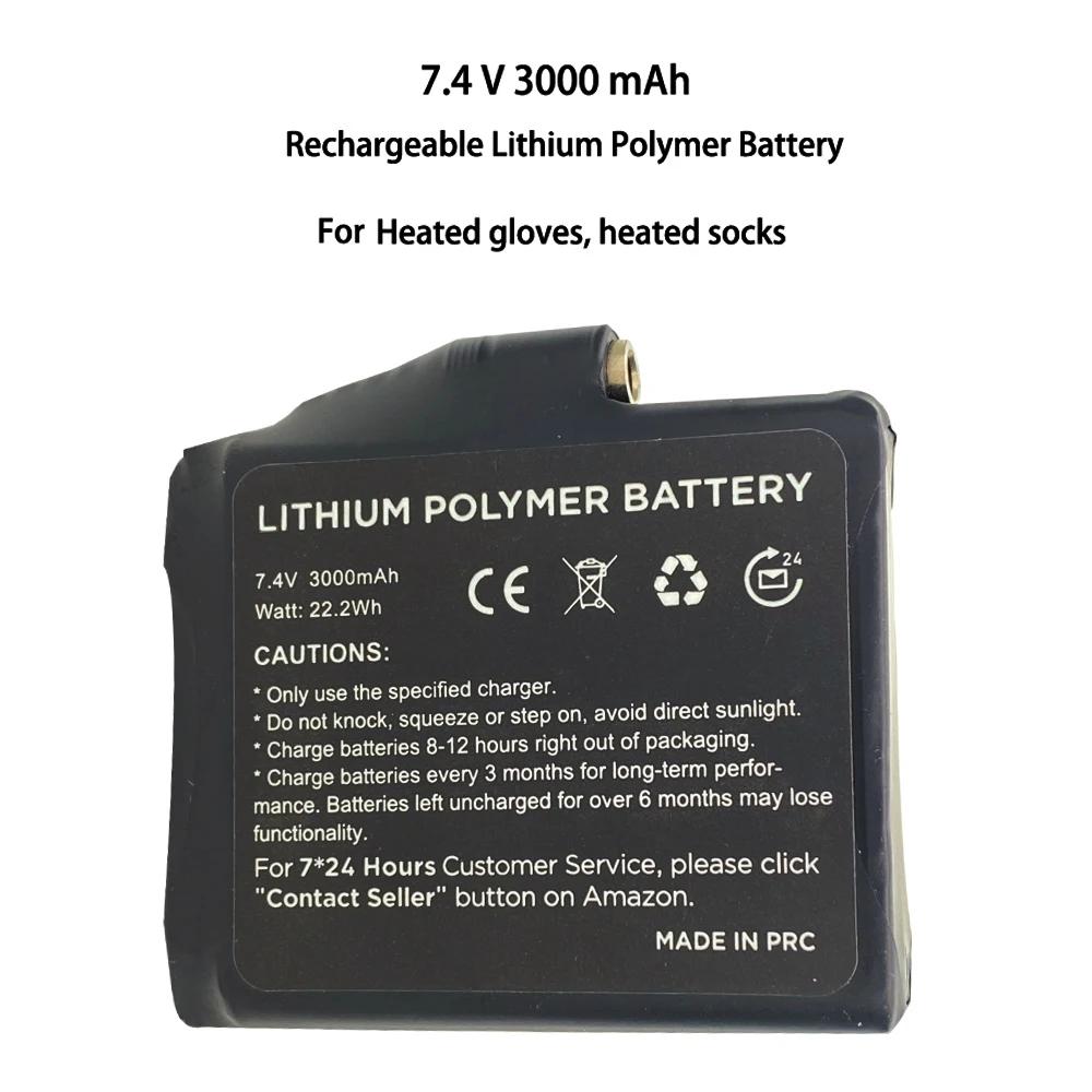 Heated gloves battery 755060-2S Lithium polymer battery 7.4V 3000mah for heating vest, heating socks, antifreeze battery