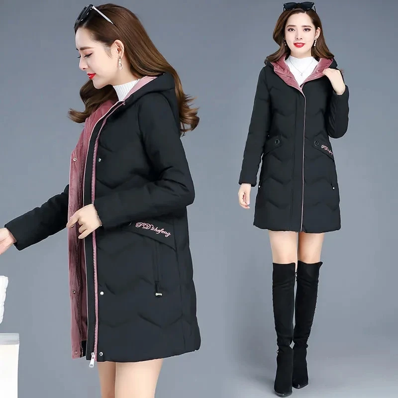 Winter Coat 2023 Korean New Fashion Ladies Slim Letter Cotton-padded Jacket Thicken Long Parkas Windproof Women's Hooded Outwear