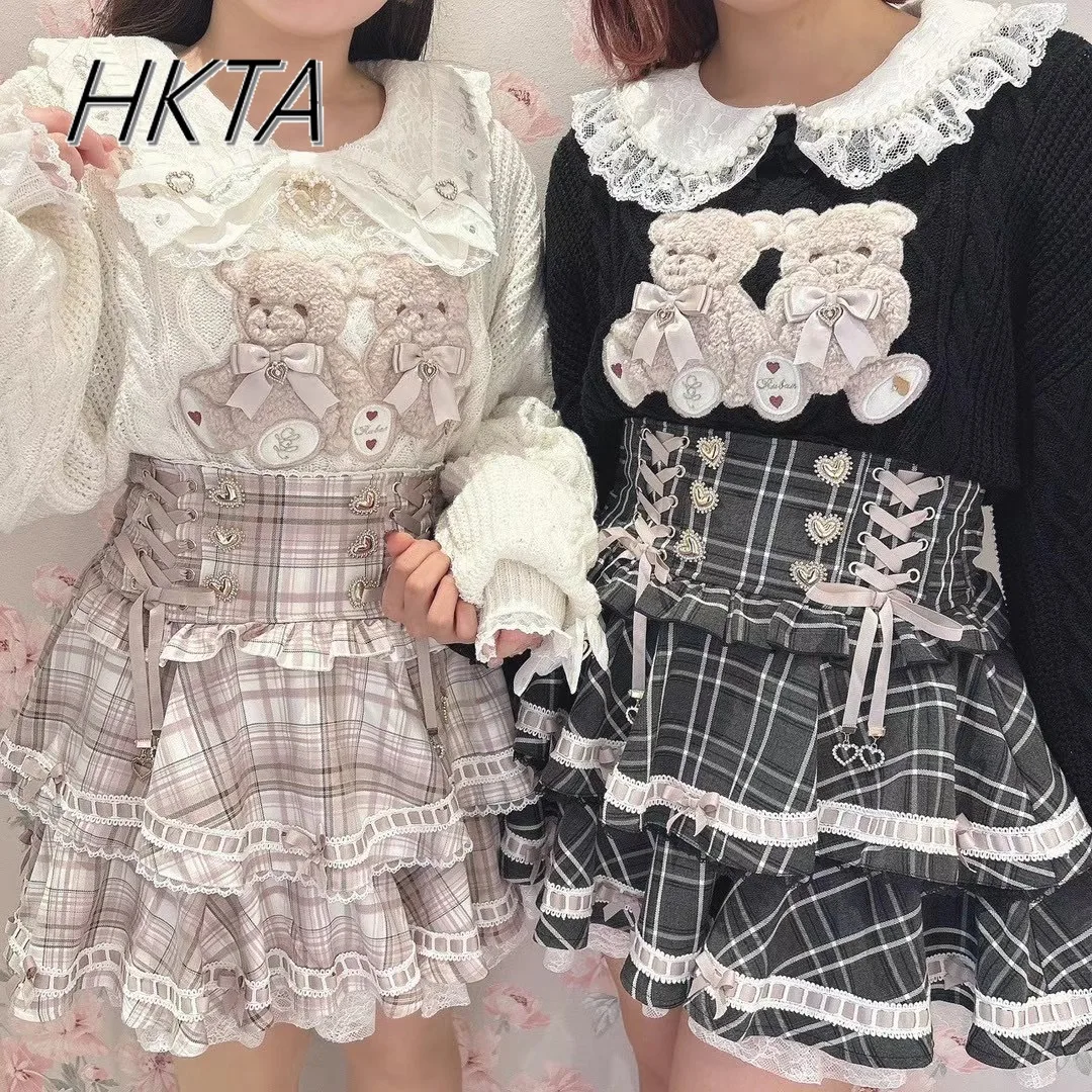 Классический японский вязаный свитер с милым медведем женский длинными рукавами