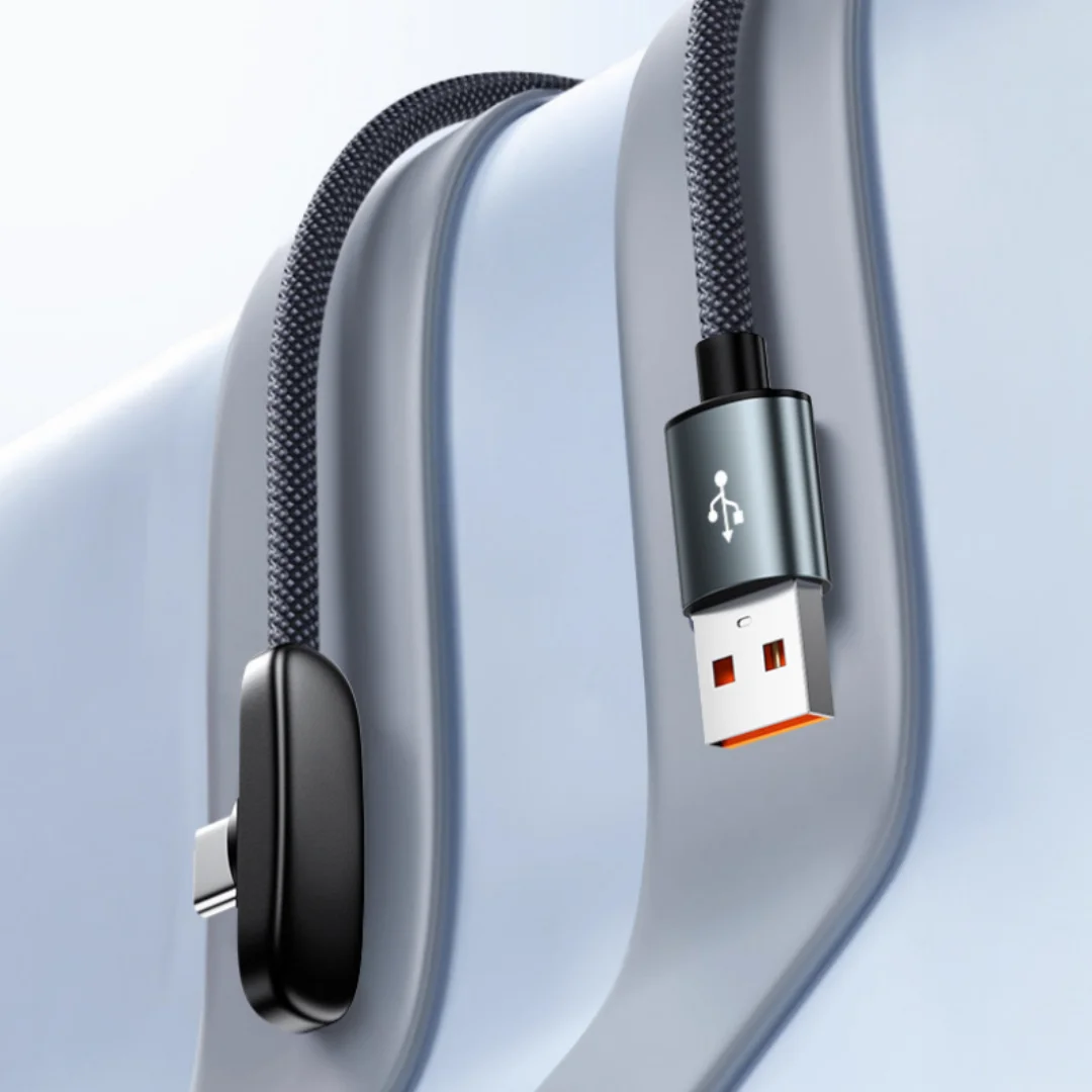 Фото Кабель USB A - Type C L-образный плоский, 100 Вт, для быстрой зарядки, плетеный, высокомощный, для передачи данных, с угловым разъемом, 1м, 1.5м, 2м №5