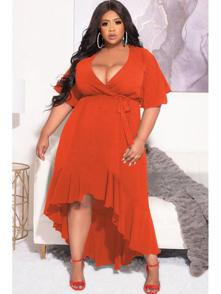 Plus Size 5XL Sexy Dresses for Women Party Summer Deep V Neck Short Sleeve Gowns Irregular Elegant Pleated Event Club Dress 2022
