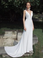 deep v neck mermaid wedding dresses summer backless sleeves satin bride gown long sweep train simple design holy for women sexy