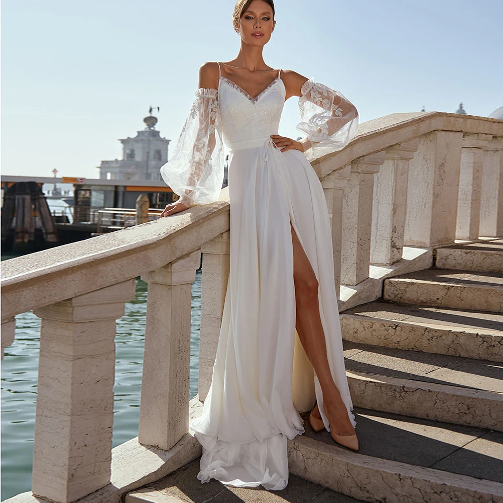 

Fashion Sexy Wedding Dresses Lace Chiffon Spaghetti Straps High Slit Detachable Long Sleeves Backless V-Neck Evening Bridal Gown