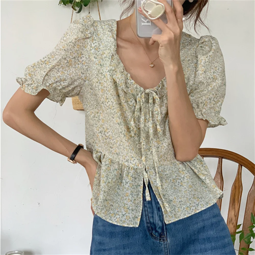 

HziriP 2022 OL Work Wear Florals Shirts Women New Slim Printed Sweet Chic Office Lady Summer Casual OL All Match Streetwear