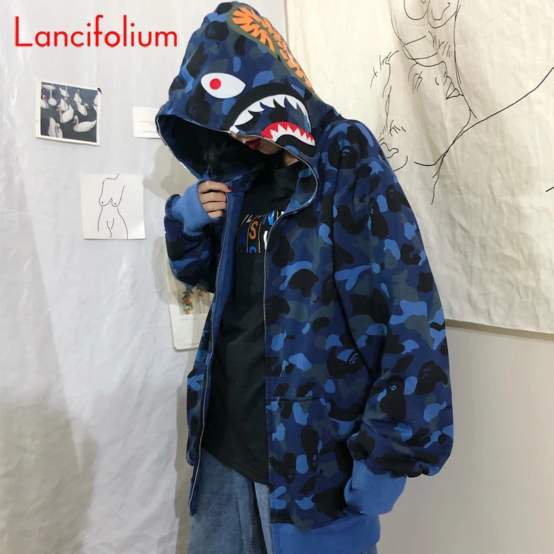 

Korean Vintage Camouflage Shark Hooded Hoodie 3D Oversized BF Spring Fall Harajuku Thin Jacket Streetwear Sweatshirt Women 2022