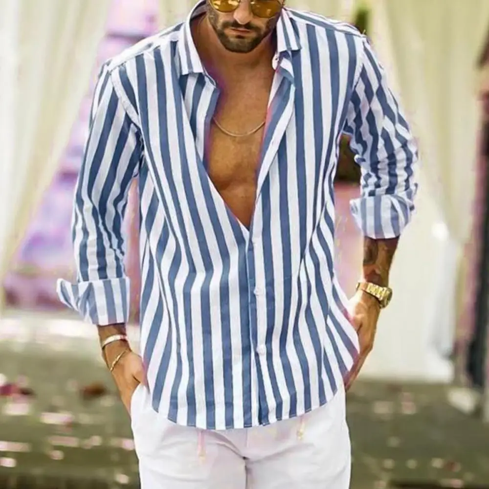 

Fashion Turndown Collar Vertical Stripes Loose Button Long Sleeve Men Shirt Top