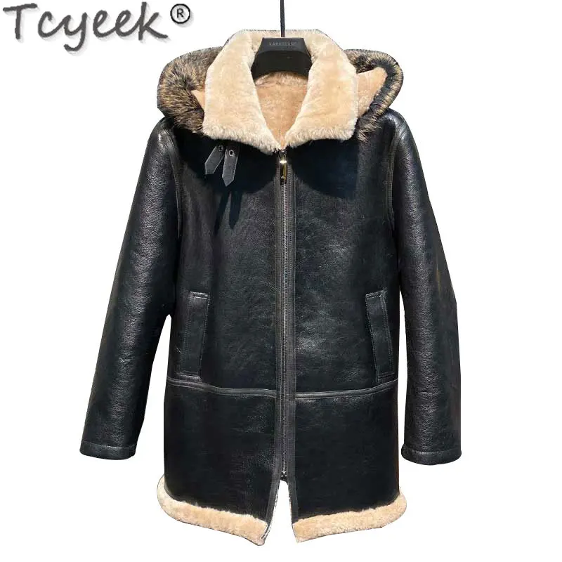 

Мужское зимнее пальто Tcyeek, Мужская одежда, меховые пальто из натуральной овчины, Толстая Теплая мужская кожаная Меховая куртка средней длин...
