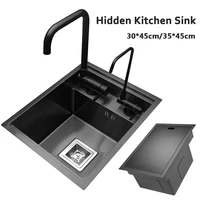 Hidden Kitchen Black Sink Single Bowl Stainless Steel Bar Balcony Pool Sink Concealed Black Small Size Sink With Clean Water Tap