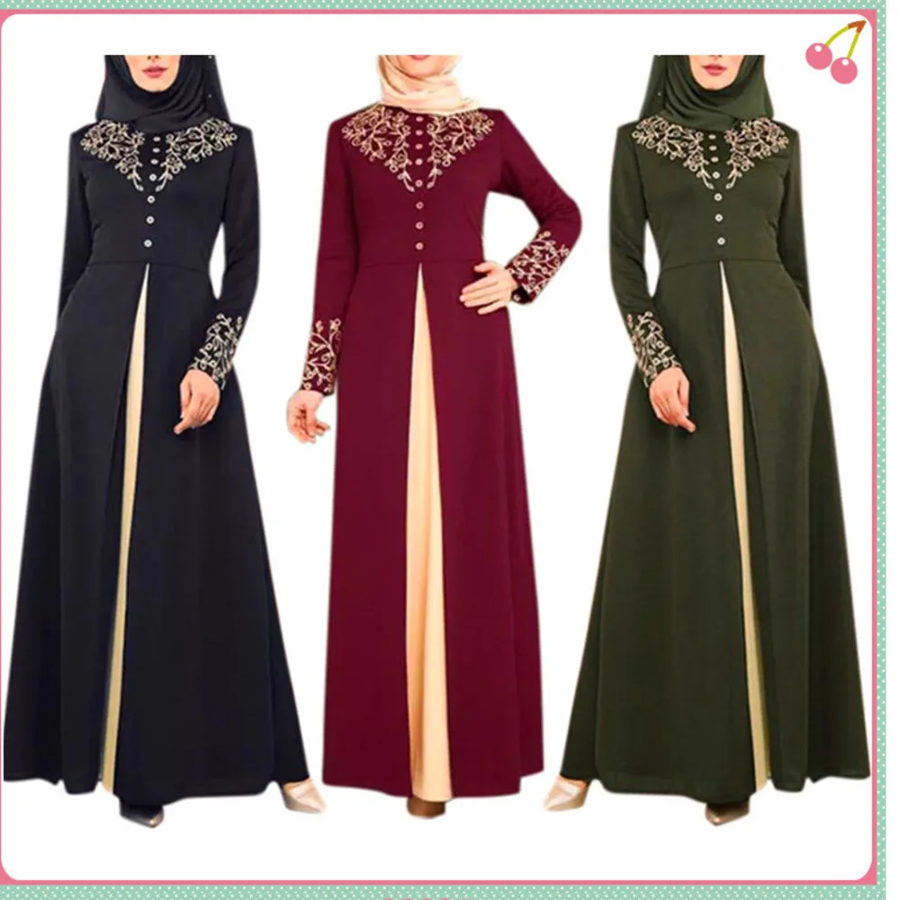 

Muslin Abaya Dress Autumn Dubai Islamic Arabic Women Robe Without Scarf Gilded Stitching Color Contrast Slim Temperament Dress
