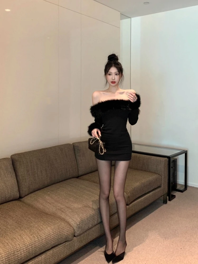 Мини-платья Ezgaga женские с пушистыми вставками воротником-лодочкой и длинным