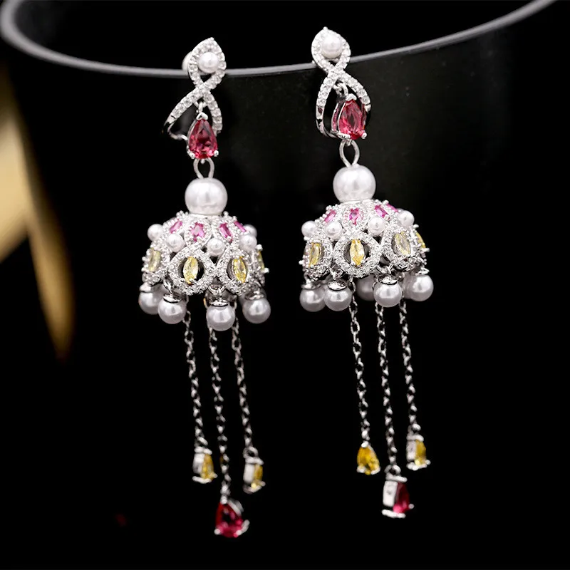 

UMQ Vintage Wind-bell Bridal Earrings Pearl for Wedding AAA Cubic Zirconia 14k Gold Plate 925 Silver Post Woman Jewelry Gift Box