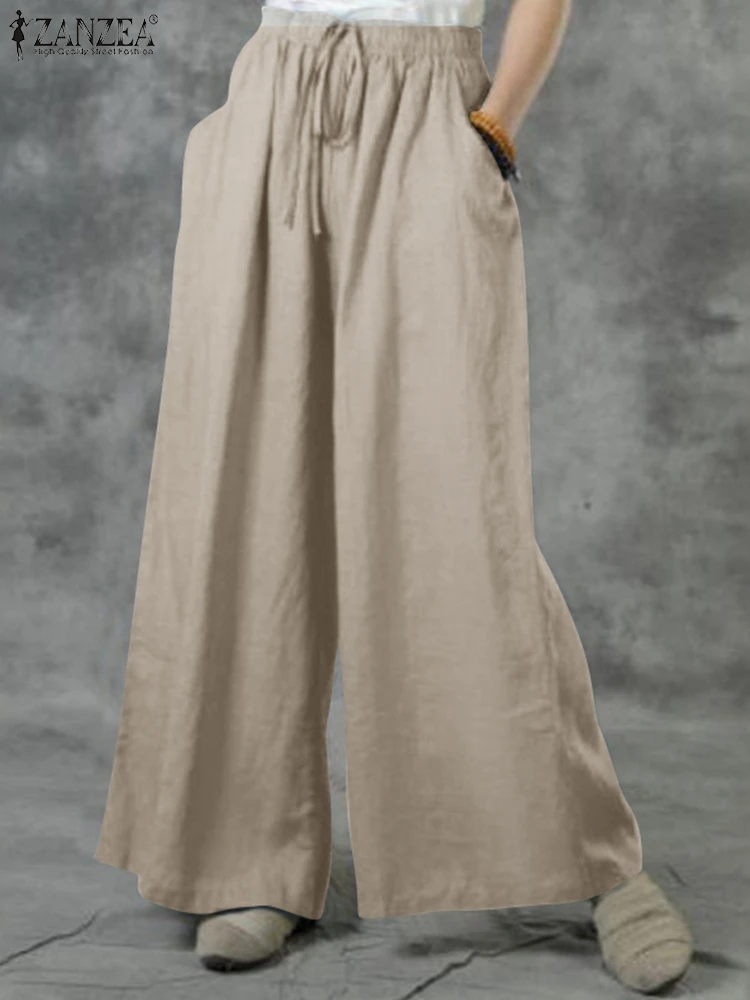 

ZANZEA Women Wide Leg Trousers Summer Cotton Pantalon Oversized Casual Vintage Elastic Waist Solid Long Pants Loose Palazzo