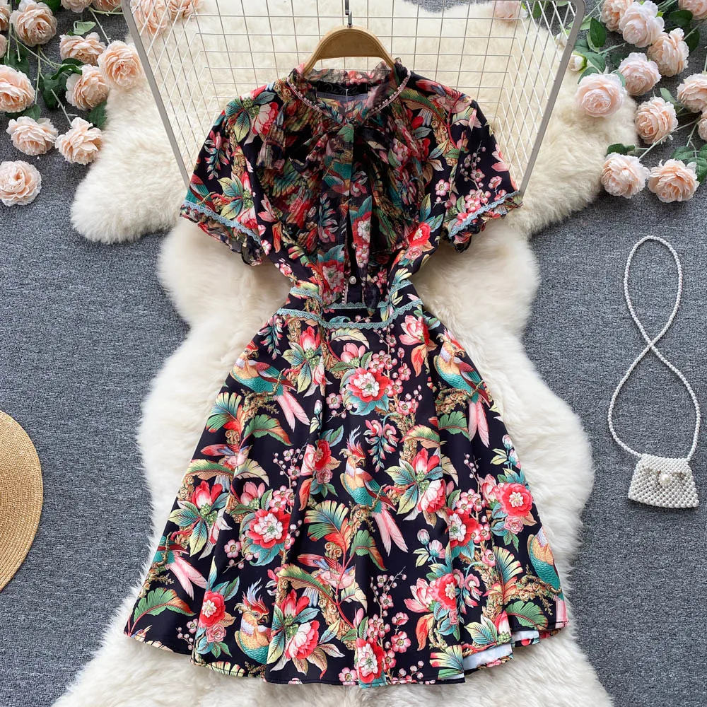 

Dresses French floral summer 2022 New Vintage Print girlish style waist