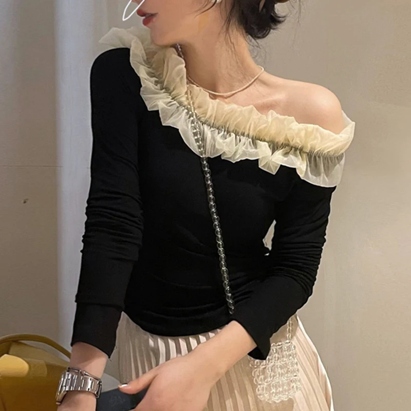 

Korean Chic Early Autumn French Niche Off Shoulder Design Stitching Organza Slim Fit and Thin Long-sleeved Sweet T-shirt