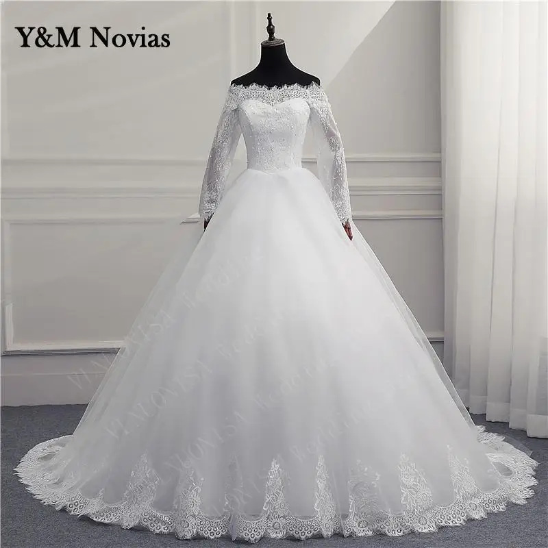 

Модное классическое свадебное платье с открытыми плечами Y & m Novias, новинка 2023, роскошное кружевное бальное платье принцессы со шлейфом
