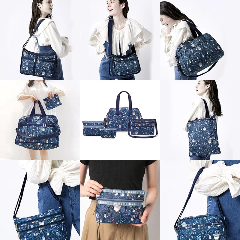 

Cartoon Lesportsac Familiar Collaboration Totoro Women's Casual Large Capacity Versatile Handbag Hand Embroidered Denim Tote Bag