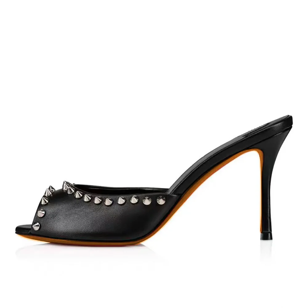 

Luxury Designer Sandals High Heels Rivets Peep Toe Red Bottoms Stiletto Heels Slippers Sexy Women Wedding Party Dress Shoes