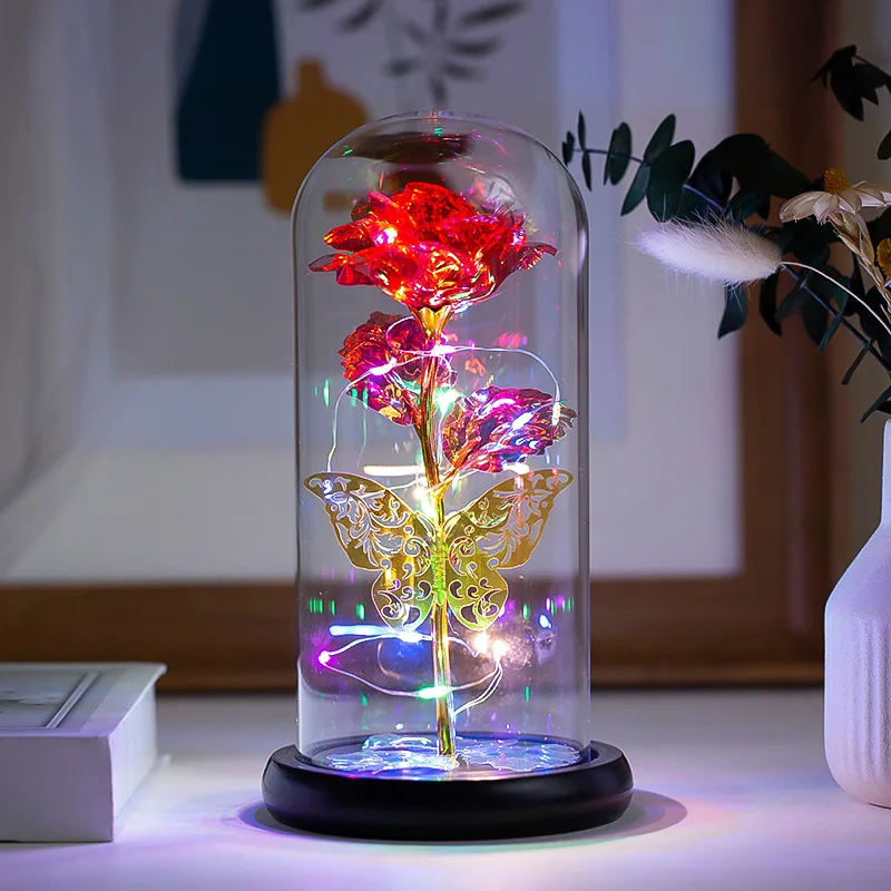 

Artificial Dried Flowers The Beauty And Beast Eternal Real Rose in Glass Dome LED Valentine Wedding Christmas Home Decor Gift