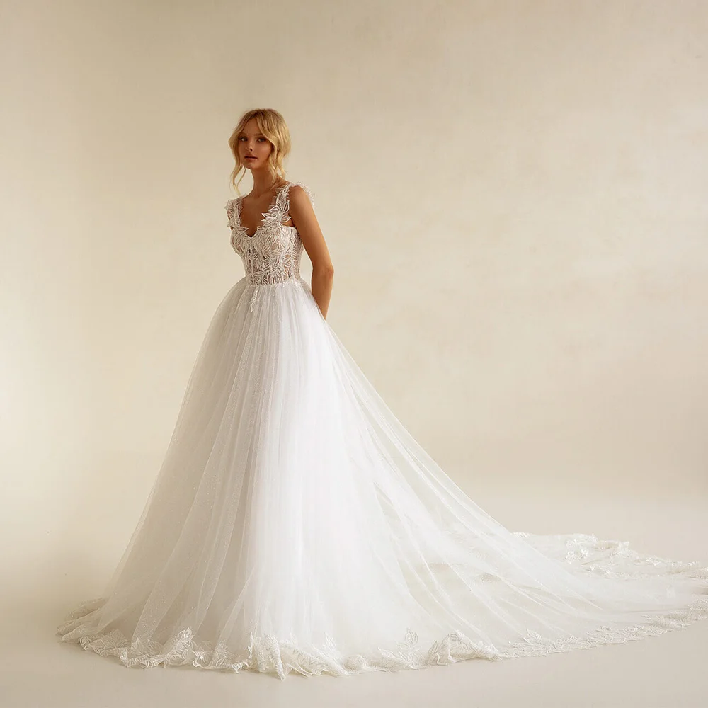

Tulle Wedding Dress For Bride 2022 V-Neck Lace-up A-Line Chapel Train Bridal Gowns Boho Pearls Lace Appliques Vestido De Noiva