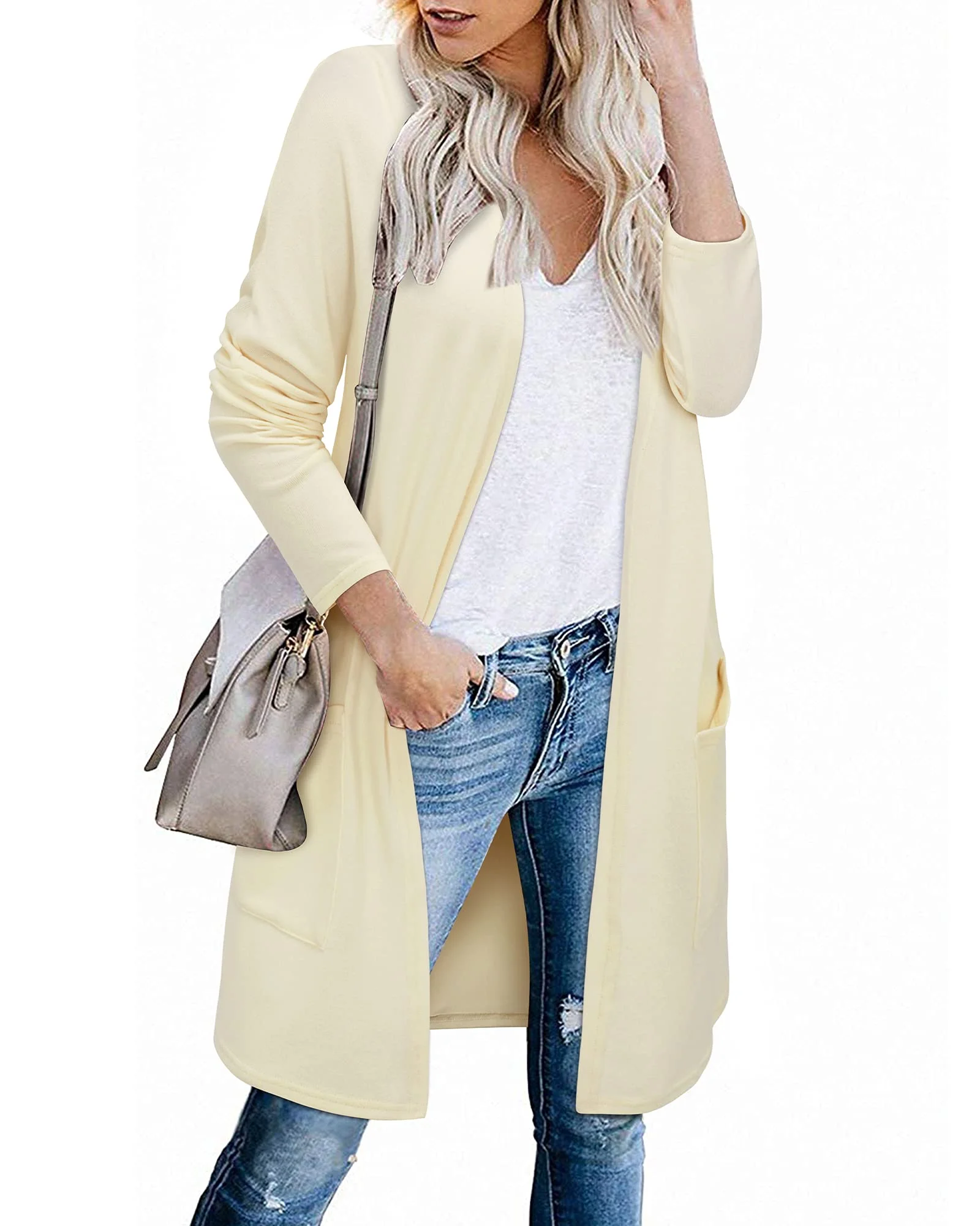 

Женский кардиган с открытой передней частью OUGES, однотонный Свободный кардиган с длинными рукавами и карманами