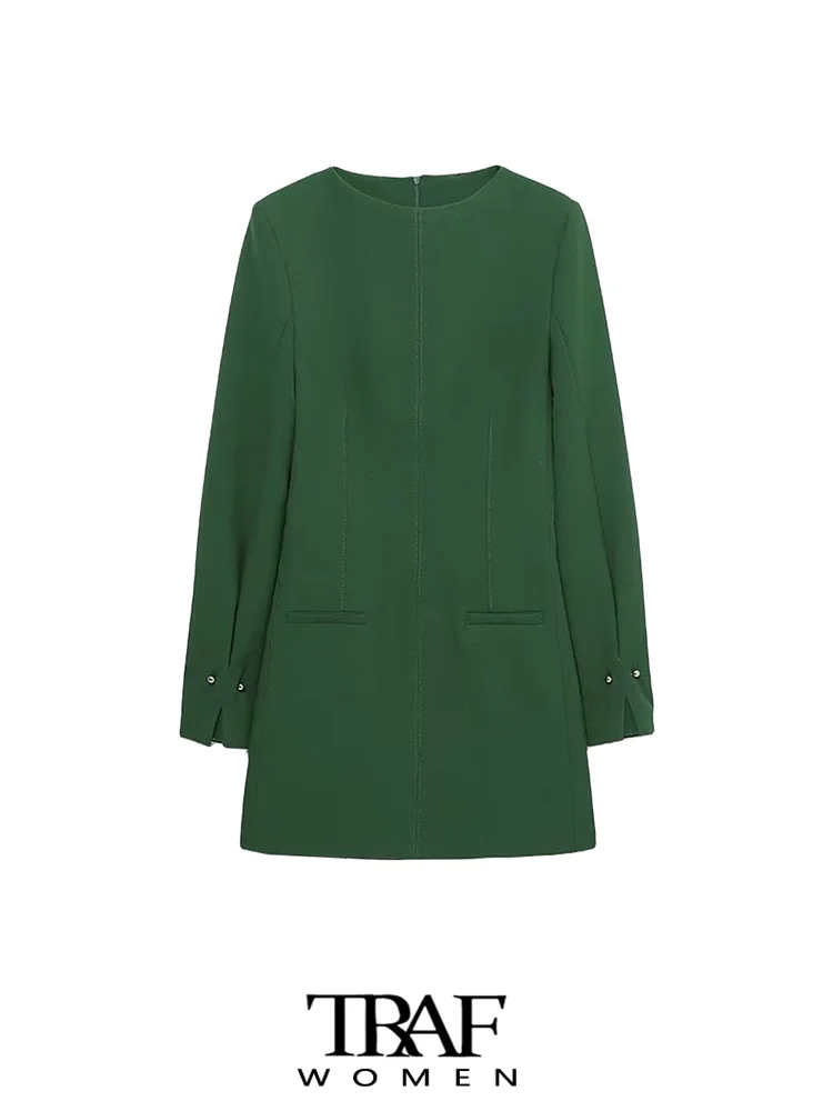 

Модные женские платья TRAF с верхней строчкой спереди рант женское винтажное платье с длинным рукавом сзади на молнии женские платья