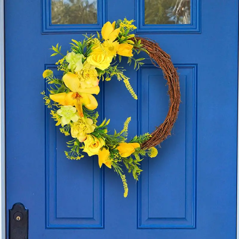 

2024 Spring Yellow Rose Wreath Aesthetic Yellow Roses Realistic Spring Wreath Small Hanging Yellow Flower for Front Door decor