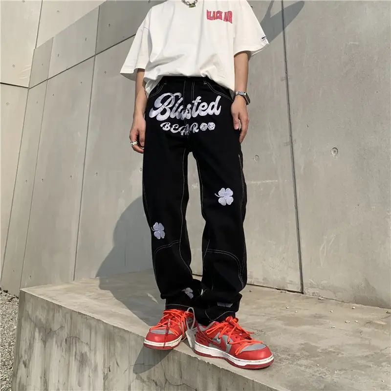 2022 New Fashion Letter Embroidery Baggy Men Hip Hop Jeans Pants Y2K Clothes Straight Casual Black Denim Trousers Pantaloni Uomo