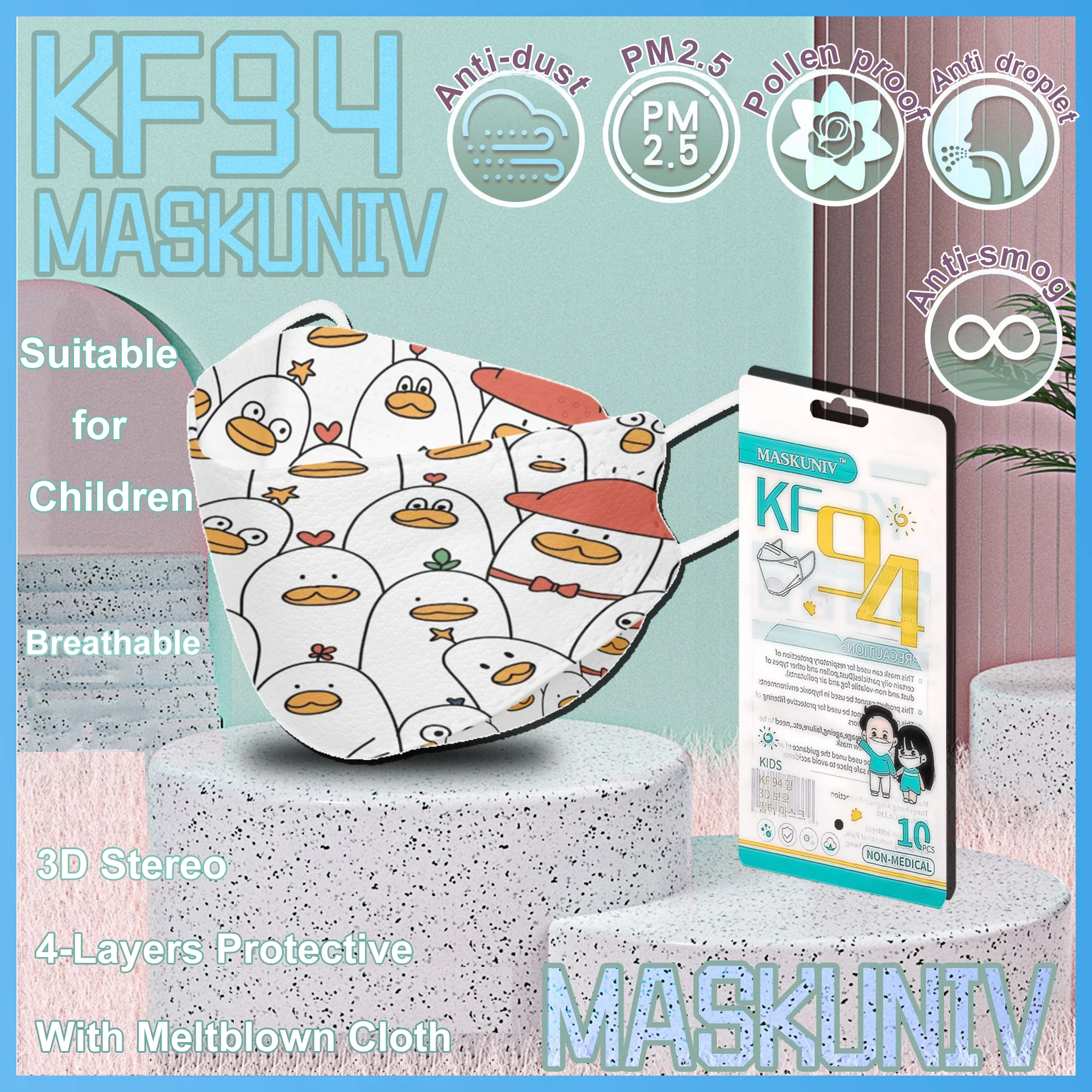 

Kf94 детская маска с мультяшным принтом с мелтблаун 4-слойный фильтр против пыли лица маска для рта в форме ивового листа одноразовые маски