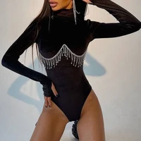 velvet bodycon bodysuit casual clothing for women stand collar overalls long sleeve rompers playsuit tassel drill chain catsuit