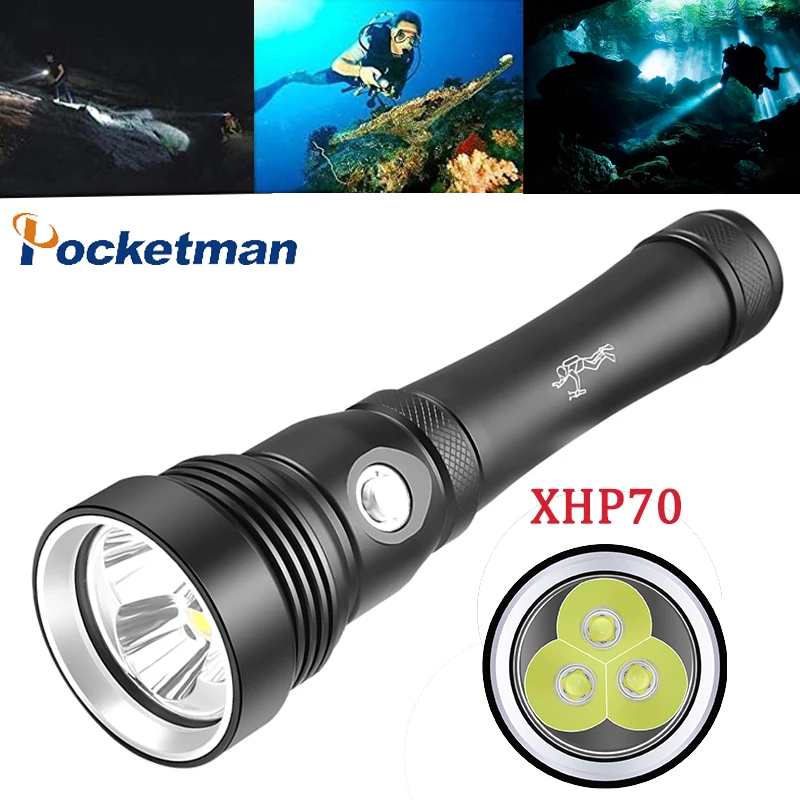 

XHP70 Super Bright Diving Flashlight IPX8 High Waterproof Rating Professional Diving Torch 3-Mode With Hand Rope Working Lantern