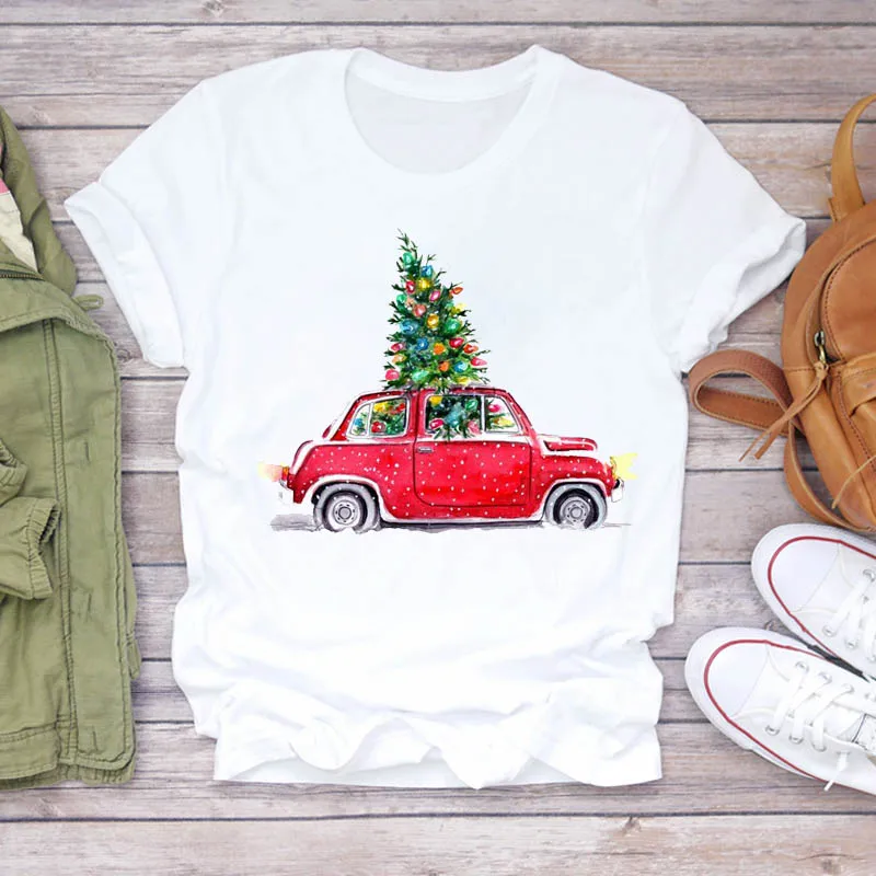 

Women Plaid Cartoon Car Tree Snow New Year Cute Merry Christmas Print Tshirts Top T Shirt Ladies Graphic Travel Tee T-Shirt