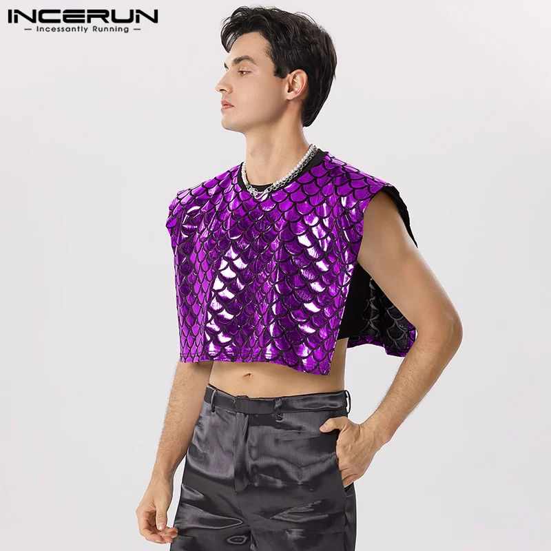 

2023 Men Tank Tops Sparkling O-neck Sleeveless Split Irregular Vests Men Streetwear Shiny Party Fashion Crop Tops S-5XL INCERUN
