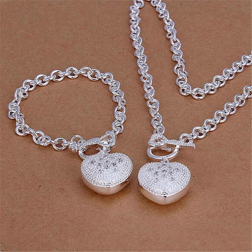 

Charm 925 Sterling Silver Bracelets necklace Jewelry set for women Crystal heart pendant Fashion Party Gift Girl student