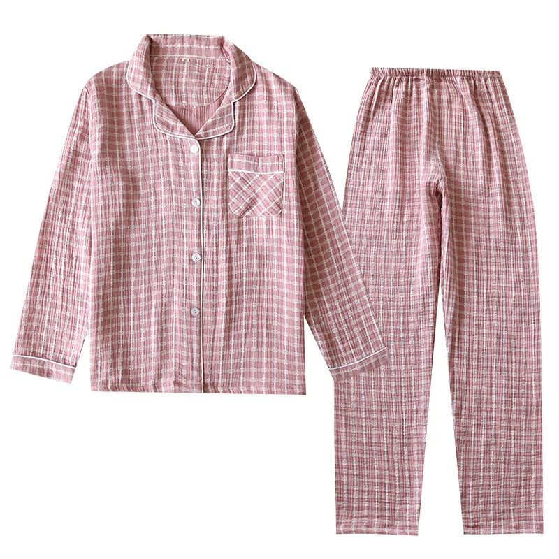 Couples Pajama Set 100% Cotton Crepe Women And Men Home Suit Female Sleep Top Bottom Sleepwear Long Sleeve Soft Pyjamas