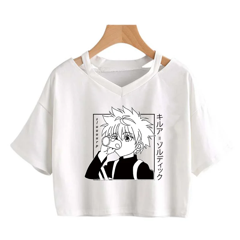 Hunter X Аниме футболка Женские Короткие топы футболки Harajuku Hisoka Kurapika Kawaii Killua Zoldyck