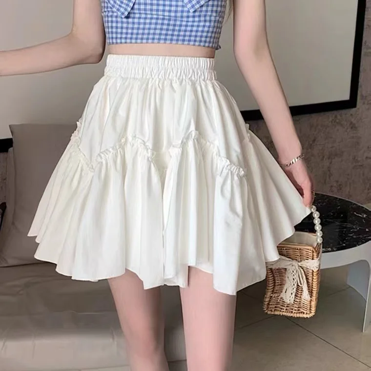 

Y2k Kawaii Mini Skirts Women White Fungus Patchwork Summer Pleated Skirt Sweet Cute Black Goth Lolita Preppy Style Korean