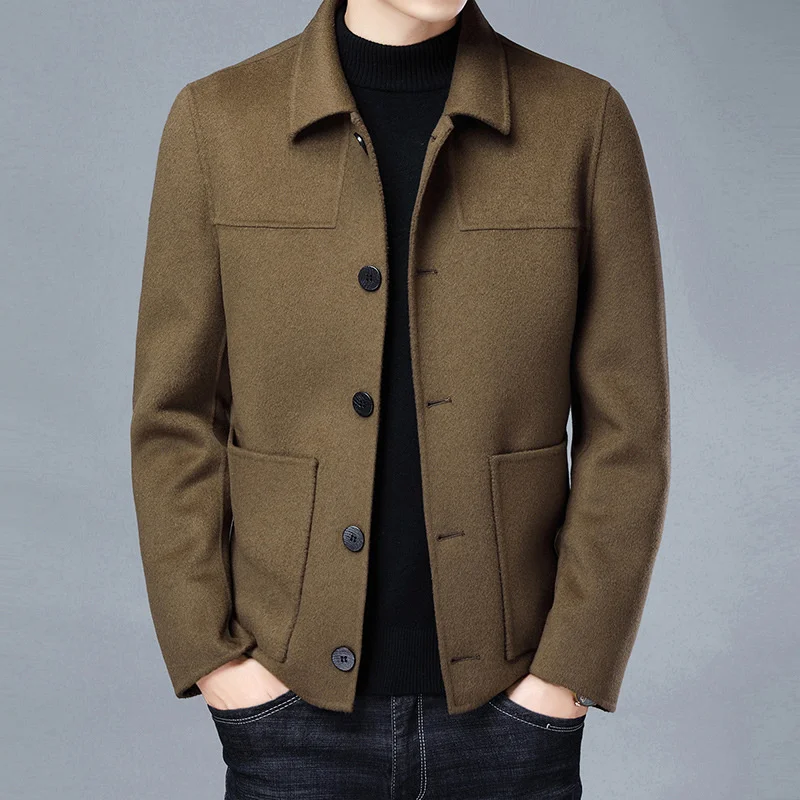 

coat Men's Autumn wool and winter woolen men's reversible Middle aged father's solid color lapel work jacket