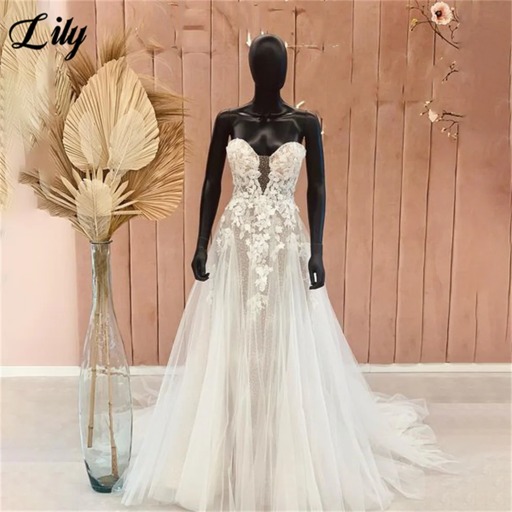 

Lily Elegant Appliques Wedding Gown Lace Wedding Dress Sweetheart Neck Bridal Dress A Line Bridal Gown Custom Size vestido novia