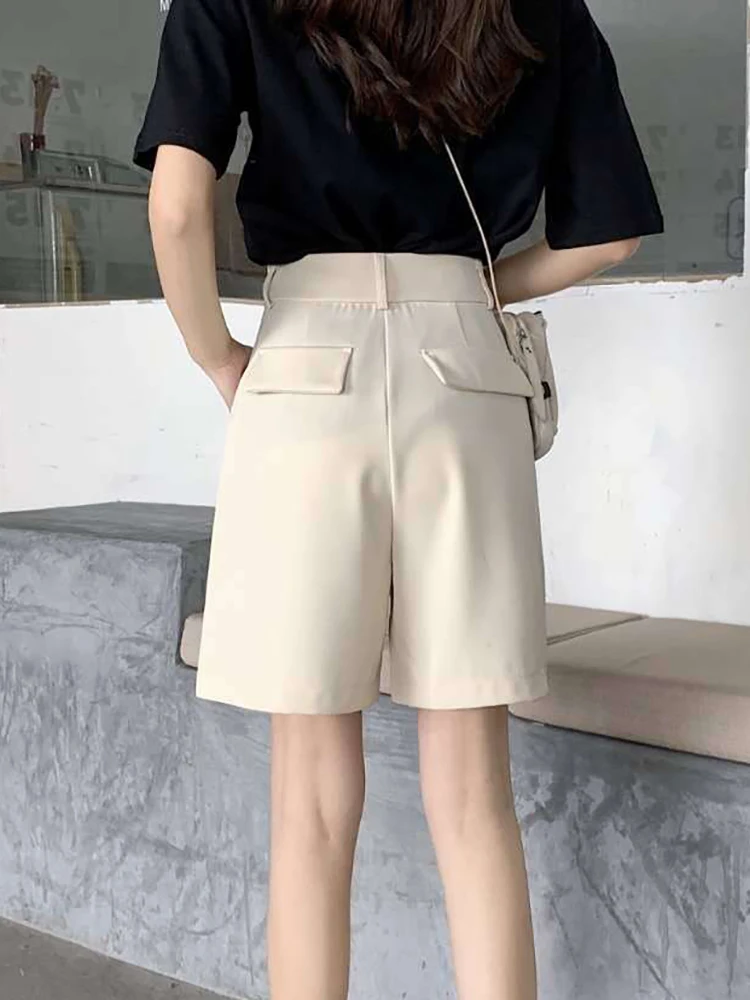 2022 Summer Women High Waist Black Suit Shorts Wide Leg Knee-length Shorts with Pockets Button Ladies Casual Loose Short Pants