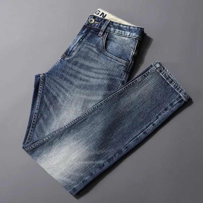 Newly Trends Fashion Men Jeans High Quality Retro Blue Elastic Slim Fit Vintage Jeans Men Redline Designer Casual Denim Pants