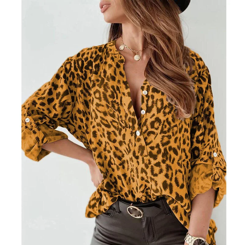 Shirt Women's Printed Fashionable Casual Elegant Leopard Print Women's Long Sleeve Shirt V-Neck Office Lady Women Tops Blouse