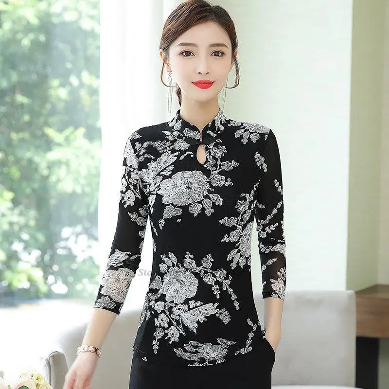 

2022 flower print national mesh shirt women vintage elegant traditional hanfu tops chinese tang suit long sleeve qipao shirt
