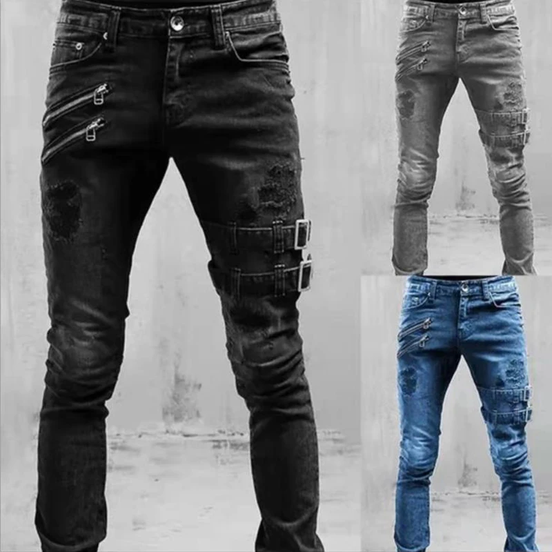 

2023 New Year Hot Sale Cost-effecTive Jeans Daily Casual Men's Jeans Street Hip Hop Slim Ripped Jeans Solid Color Simple